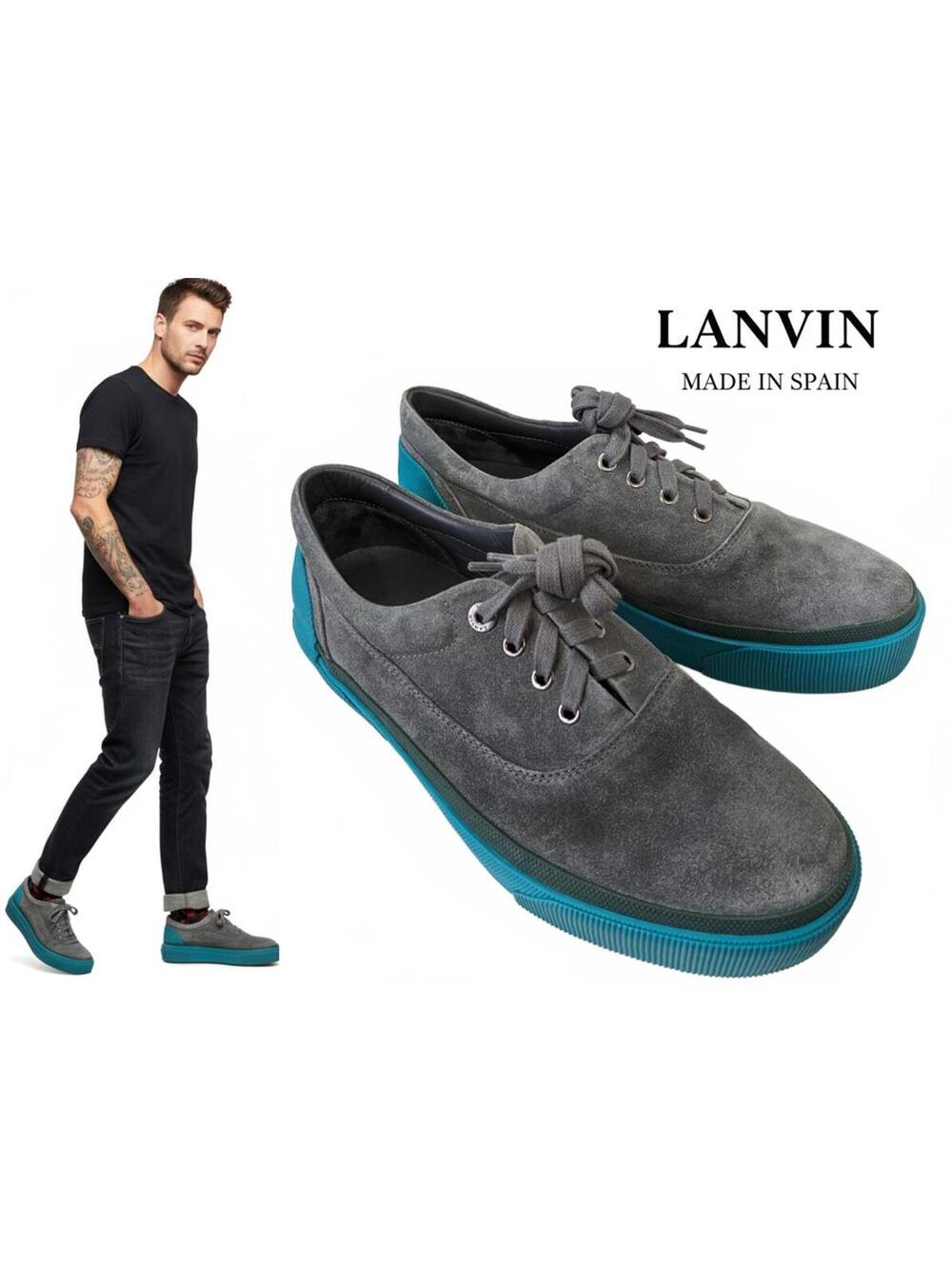 Lanvin Spain Men Leather Curb Sneakers Chunky Gray Cyan 9
